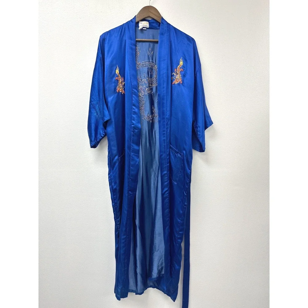 Vintage Golden Dragon Embroidered 100% Silk‎ Robe Blue L